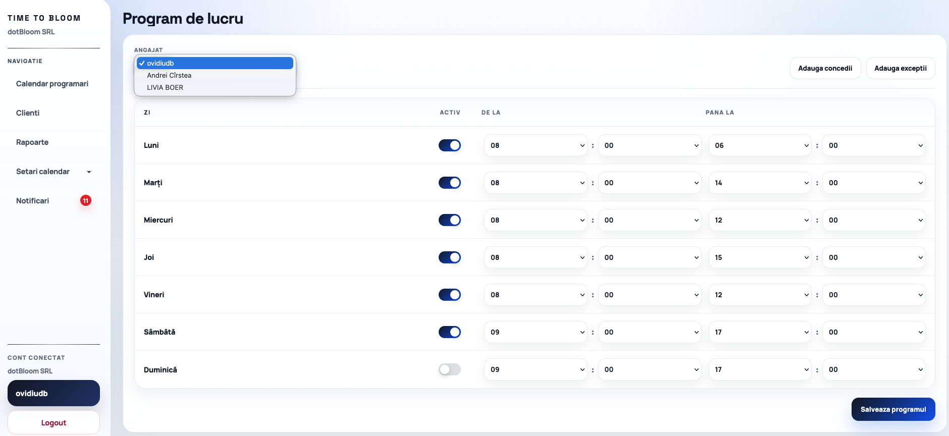 Programul de lucru al echipei în Time to Bloom